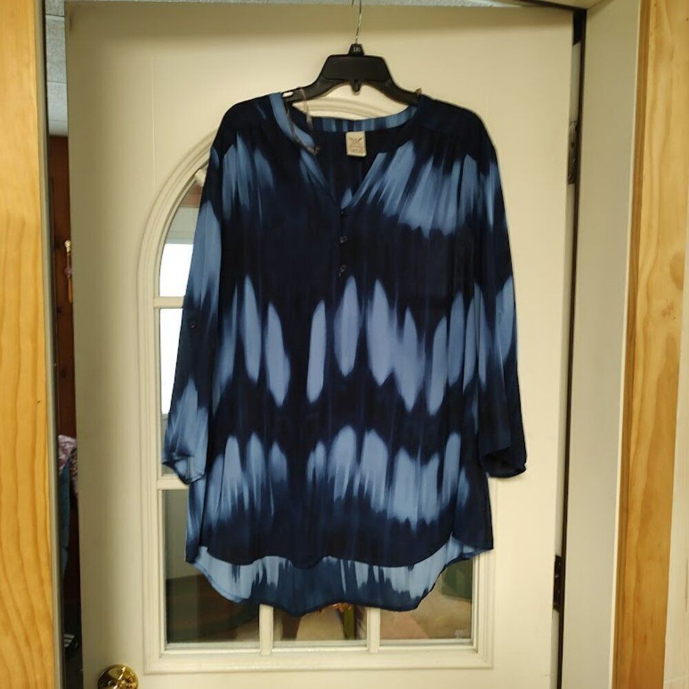 Faded Glory Navy Blue Light Blue Designed 3/4 Sleeve Blouse Size Women's 22W/24W